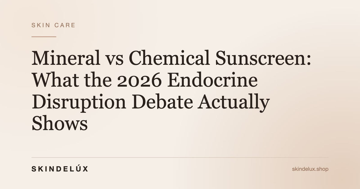 SKINDELÚX article cover: “Mineral vs Chemical Sunscreen: What the 2026 Endocrine Disruption Debate Actually Shows”