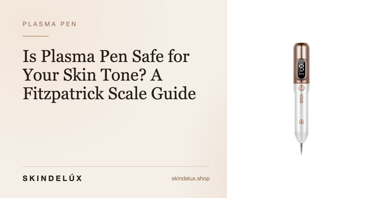 SKINDELÚX Fibroblast Plasma Pen beside the title “Is Plasma Pen Safe for Your Skin Tone? A Fitzpatrick Scale Guide”