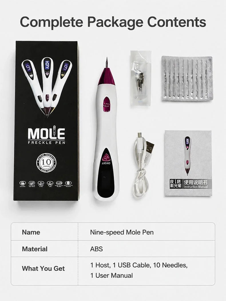 Mole Removal Pen Portable Electric Skin Tag Freckle Wart Tattoo Spot Remover Machine 9‑Speed Adjustable Home Use Beauty Device