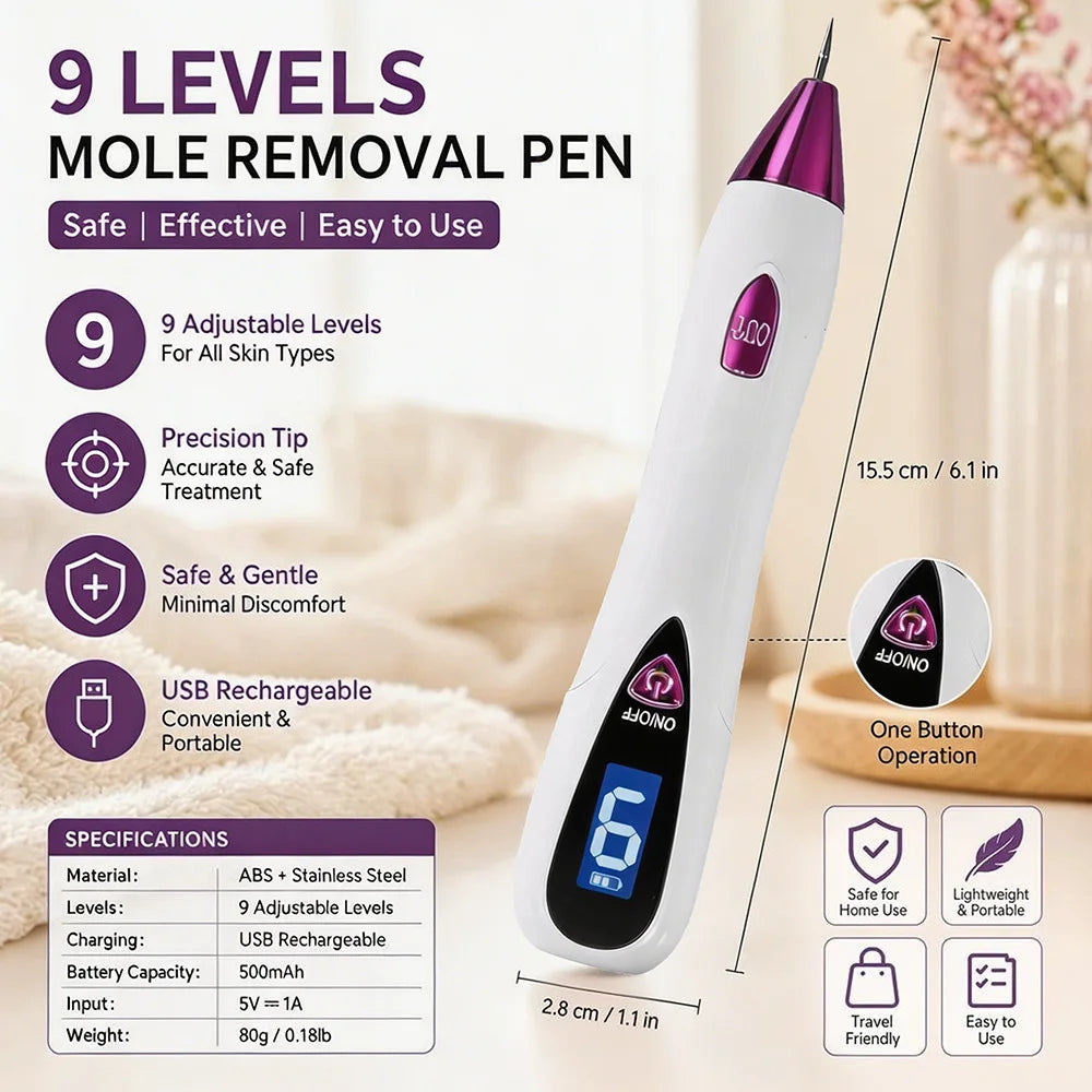 Mole Removal Pen Portable Electric Skin Tag Freckle Wart Tattoo Spot Remover Machine 9‑Speed Adjustable Home Use Beauty Device