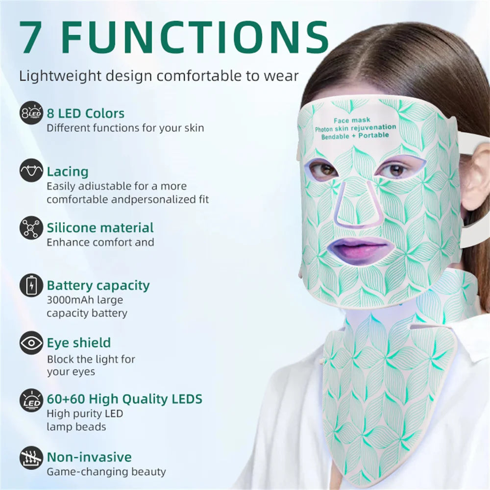 SKINDELÚX LED Light Therapy Face &amp; Neck Mask - 8-Color Photon Rejuvenation System