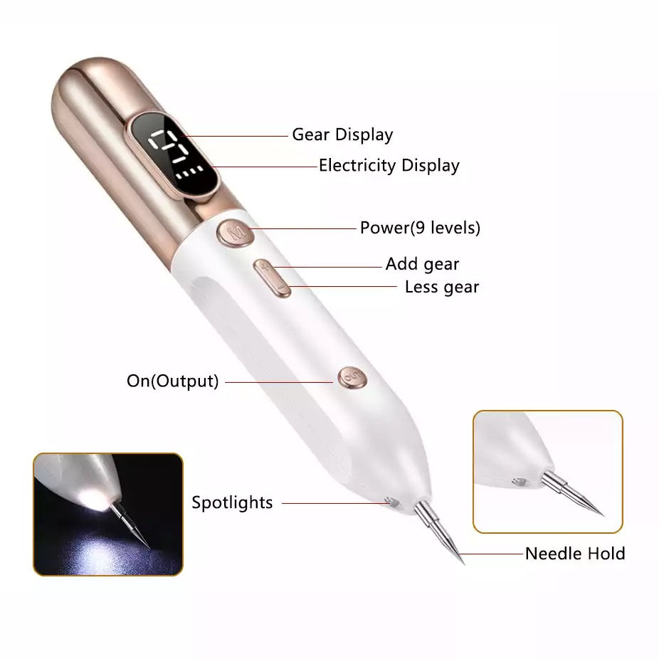 Fibroblast Plasma Pen buttons, display and needle hold explanation